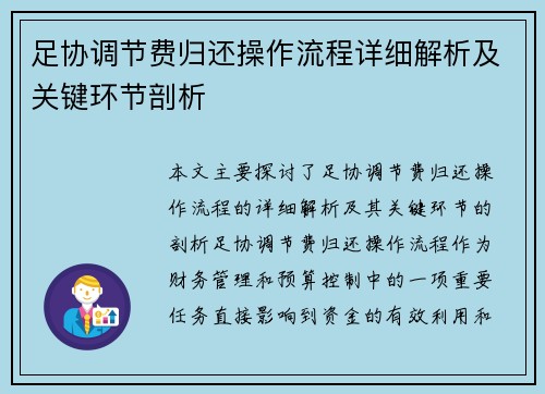 足协调节费归还操作流程详细解析及关键环节剖析 足协调节费归还操作流程详细解析及关键环节剖析