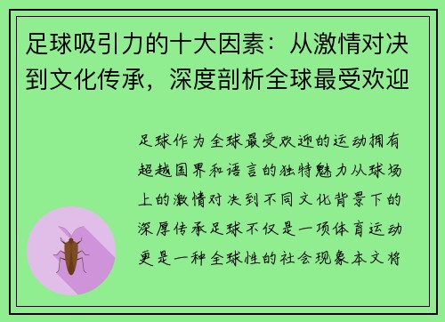 足球吸引力的十大因素：从激情对决到文化传承，深度剖析全球最受欢迎运动的魅力所在